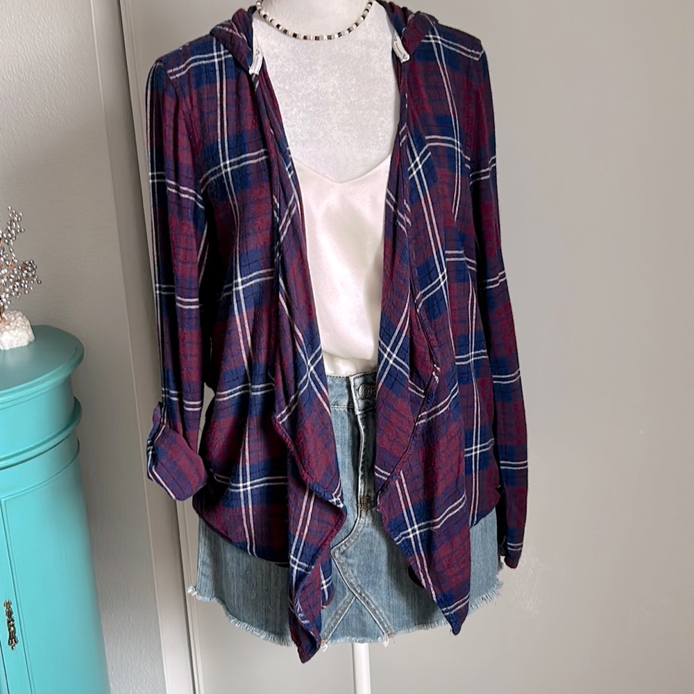 Roxy Open Front Waterfall Lapel Draped Hooded Flannel Plaid Cardigan Overshirt